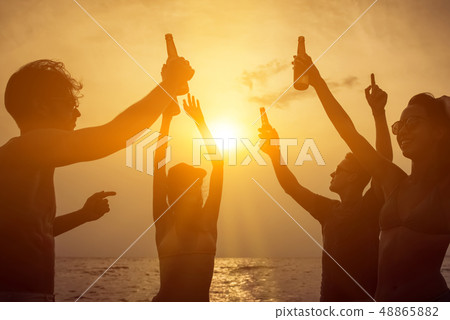 Group of friends celebrating and drinking at the Group of friends celebrating and drinking at the 48865882