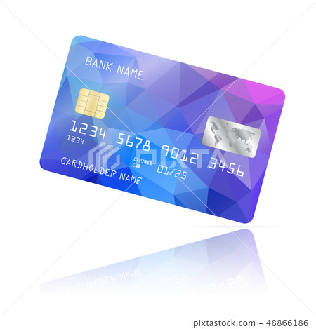 Realistic detailed credit card set with colorful blue abstract triangular design background 48866186
