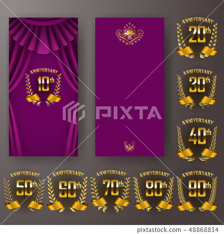 Set of anniversary card, invitation with laurel wreath, numbers. Decorative gold emblem of jubilee Set of anniversary card, invitation with laurel wreath, numbers. Decorative gold emblem of jubilee 48868814