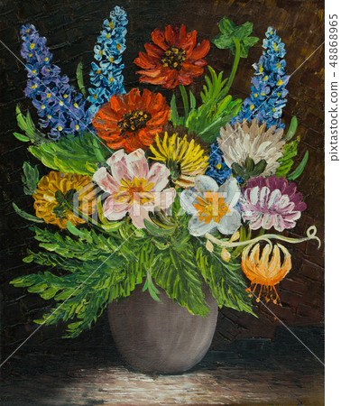 A bouquet with colourful flowers in a grey vase A bouquet with colourful flowers in a grey vase 48868965