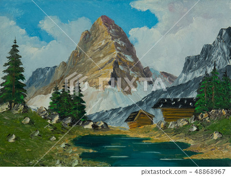 Almen and river before a pointed and high mountain Almen and river before a pointed and high mountain 48868967