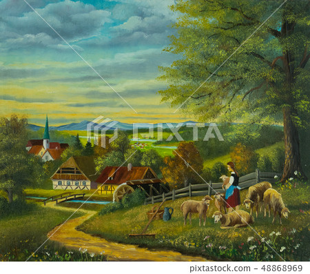 Sheep in a flower meadow in front of a village Sheep in a flower meadow in front of a village 48868969