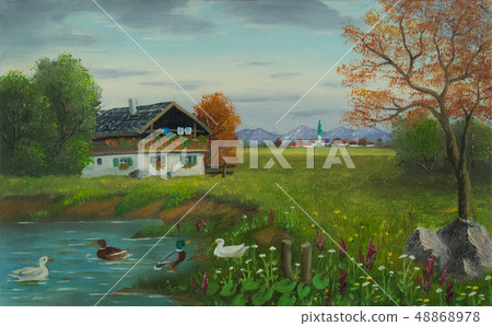 Ducks by the pond with a house in front of a 48868978