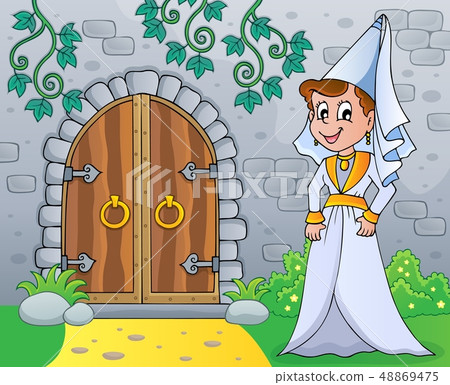 Medieval lady by old door theme image 1 48869475