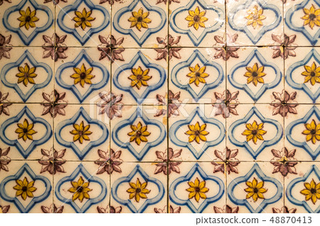 Decorative tiles (or azulejos) in a wall in the Decorative tiles (or azulejos) in a wall in the 48870413