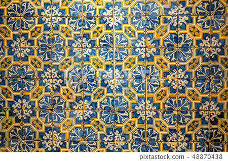 Decorative tiles (or azulejos) in a wall in the Decorative tiles (or azulejos) in a wall in the 48870438