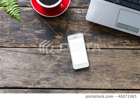 empty screen smart phone and computer on wooden empty screen smart phone and computer on wooden 48871065