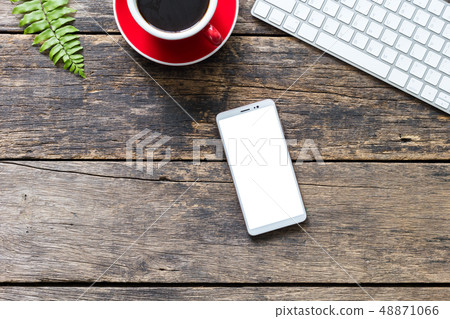 empty screen smart phone and computer on wooden empty screen smart phone and computer on wooden 48871066