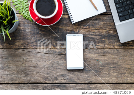 empty screen smart phone and computer on wooden empty screen smart phone and computer on wooden 48871069