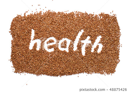 Buckwheat isolated on white. Word Health. Russian Buckwheat isolated on white. Word Health. Russian 48875426