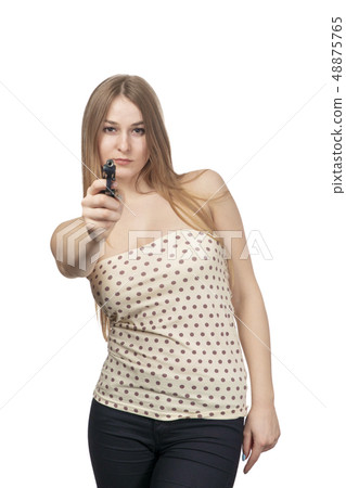 woman aiming a gun at the camera woman aiming a gun at the camera 48875765