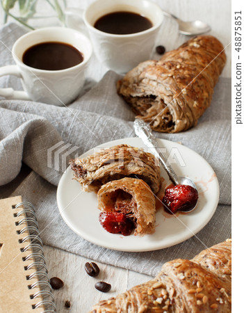 Breakfast with coffee and croissant Breakfast with coffee and croissant 48875851