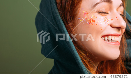 woman emotion smiling eyes closed glitter freckles woman emotion smiling eyes closed glitter freckles 48879271
