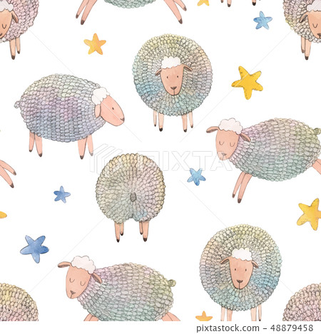 Watercolor sheep vector pattern 48879458