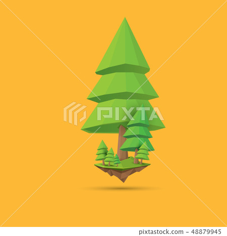 summer green low poly style tree isolated on orange background. Abstract Green tree design element 48879945