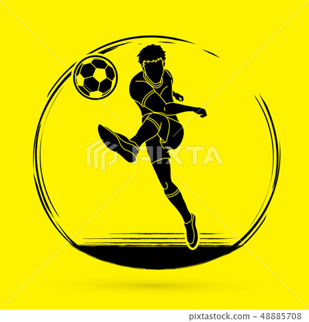 Soccer player running and kicking a ball action Soccer player running and kicking a ball action 48885708