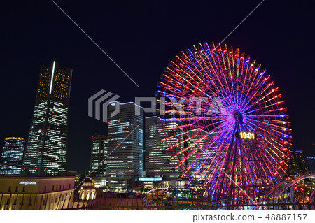 Great Ferris Wheel And Minato Mirai Night View Stock Photo