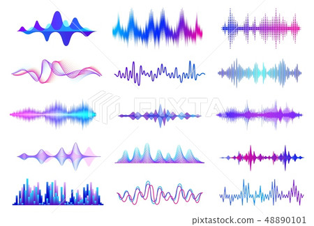 Sound waves. Frequency audio waveform, music wave HUD interface elements, voice graph signal. Vector 48890101