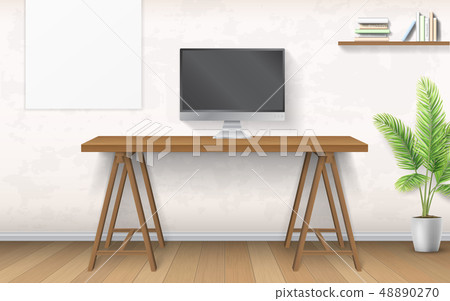 Interior with wooden desk and computer. - Stock Illustration [48890270 ...