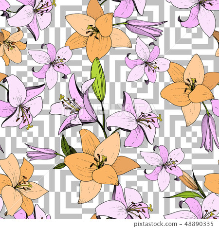 Vector Lily floral botanical flower. Engraved ink art. Seamless background pattern. Fabric wallpaper 48890335