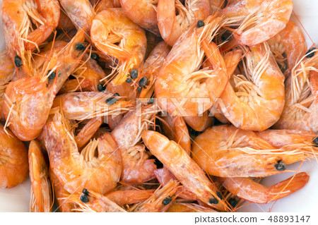 large red Mediterranean shrimp cooked for dinner large red Mediterranean shrimp cooked for dinner 48893147