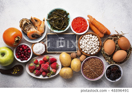 Healthy food containing iodine. Products rich in I 48896491