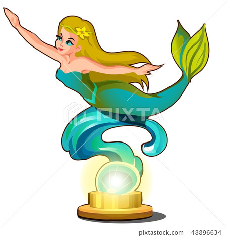 Statue of a young beautiful mermaid girl isolated on white background. Vector cartoon close-up 48896634
