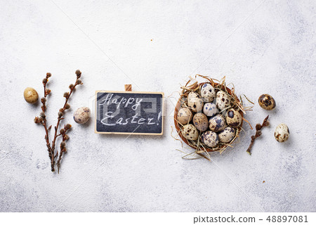 Easter background with quail eggs and pussy willow Easter background with quail eggs and pussy willow 48897081