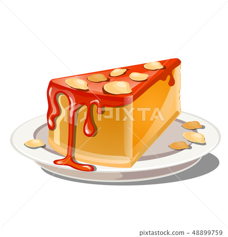 A slice of pumpkin pudding or cheesecake with red topping and crumble nut cereal isolated on a white A slice of pumpkin pudding or cheesecake with red topping and crumble nut cereal isolated on a white 48899759