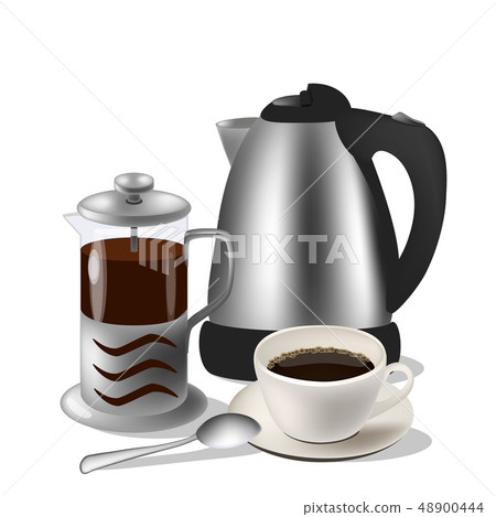 Vector illustration of coffe set. Kettle, french press and cup with spoon 48900444