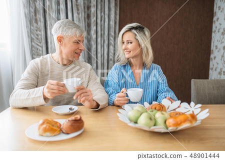 Breakfast of adult love couple at home 48901444