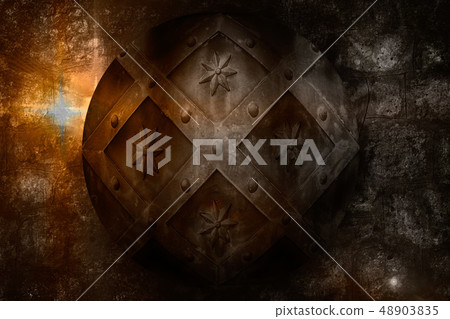 medieval shield over dark castle stone wall 48903835