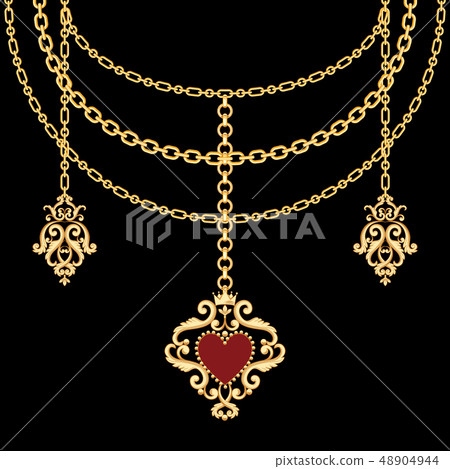 Background with chains golden metallic necklace and pendant with heart. On black Background with chains golden metallic necklace and pendant with heart. On black 48904944