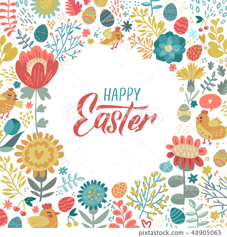 Happy Easter modern brush calligraphy. Ink illustration. Isolated on floral background. - Vector Happy Easter modern brush calligraphy. Ink illustration. Isolated on floral background. - Vector 48905065