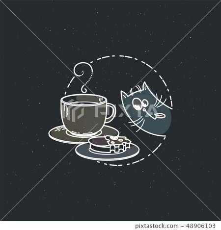 Vector card with cute cat with cup and a sandwich. Vector card with cute cat with cup and a sandwich. 48906103