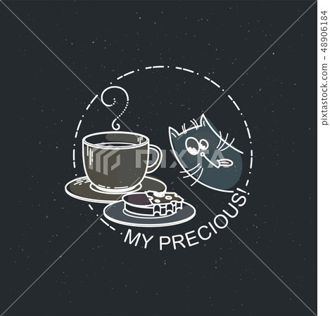 Vector card with cute cat with cup and a sandwich. 48906184