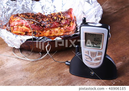 Grilled Steak in a pan and Wireless Remote Digital Cooking Food Probe Meat Thermometer For Grill on 48906185