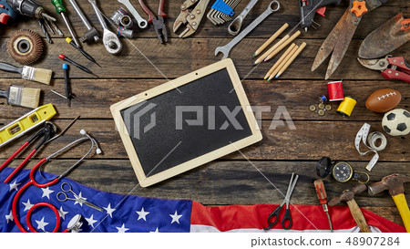 Tools Group Different Job On Rustic Wooden Table 48907284