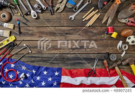 Tools Group Different Job On Rustic Wooden Table 48907285