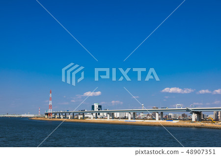(Tokyo-city view) A view of the Metropolitan Expressway and Edogawa ward from the Arakawa Bank 7 (Tokyo-city view) A view of the Metropolitan Expressway and Edogawa ward from the Arakawa Bank 7 48907351