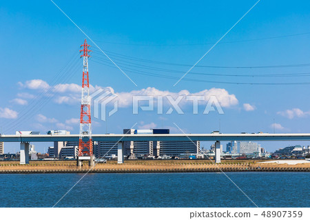 (Tokyo-city view) A high speed view of the capital city from the Arakawa Bank and a view 3 of Edogawa Ward (Tokyo-city view) A high speed view of the capital city from the Arakawa Bank and a view 3 of Edogawa Ward 48907359
