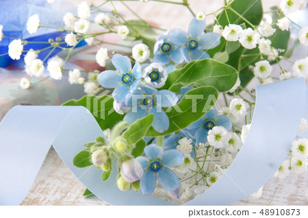 Bouquet of blue star (oxytopetalum) and present Father's day blue ribbon 48910873