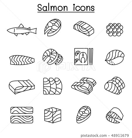 Fresh salmon fish icon set in thin line style 48911679