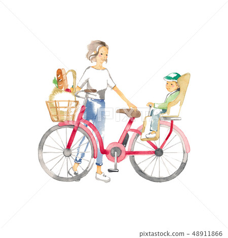 騎自行車，母親和孩子出去購物 48911866