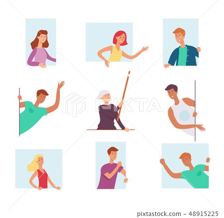 Set of people, looking out the window and expressing strong emotions, shout and wave their hands. Set of people, looking out the window and expressing strong emotions, shout and wave their hands. 48915225