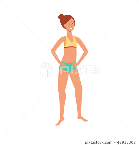 Vector flat cute woman in swimsuit stands smiling Vector flat cute woman in swimsuit stands smiling 48915308