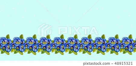 Strip of blue pansies and green leaves. 48915321