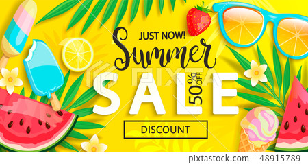 Sale banner with symbols for summer time. Sale banner with symbols for summer time. 48915789