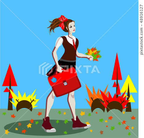 School girl in uniform with ponytails going to School girl in uniform with ponytails going to 48916127