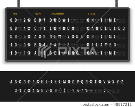 Airport board. Font alphabet info panel arrival departure\
display timetable destination flight